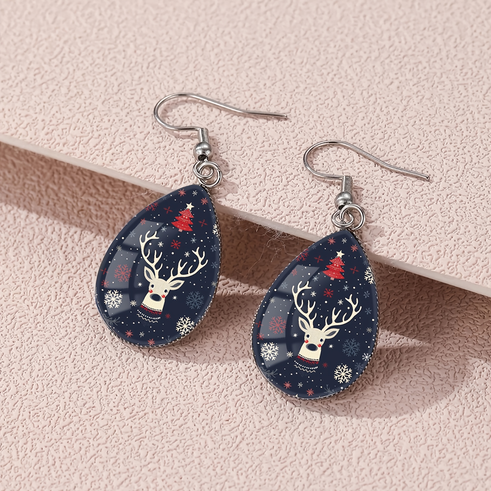 Navy Base Christmas Reindeer Pattern Teardrop Earrings